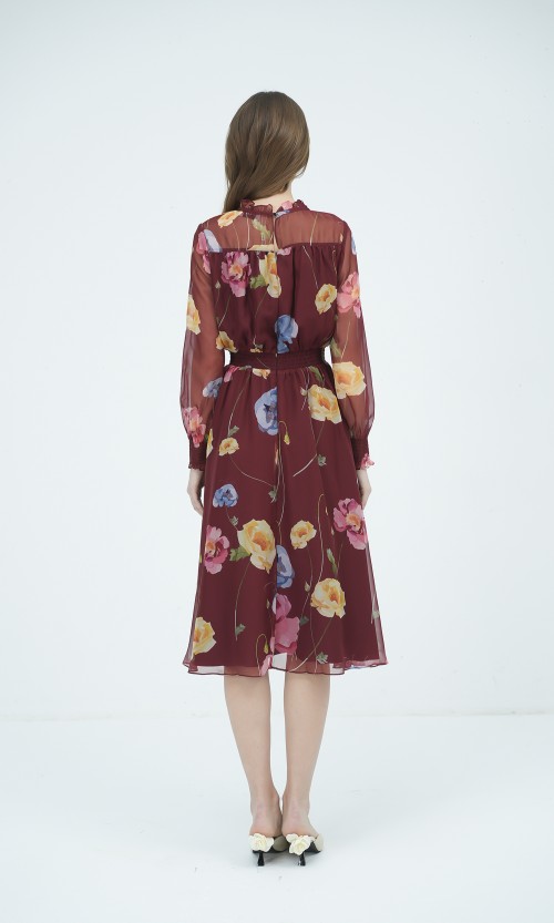 SIXDO G-Wine Floral Voile Flared Dress for Women